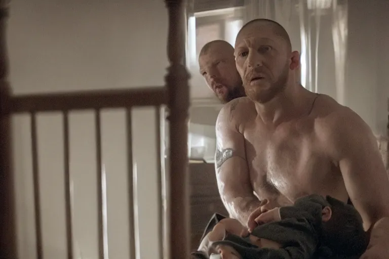 Prompt: film still of Tom Hardy as Max Payne in a dark dream next to a baby crib in the Max Payne movie, 4k