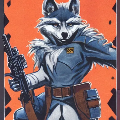 Image similar to 1 9 8 0 s video game art of anthropomorphic wolf o'donnell from starfox fursona furry wolf in a dark space mercenary uniform, looking heroic, magazine scan, 8 0 s game box art, dark grey wolf o'donnell