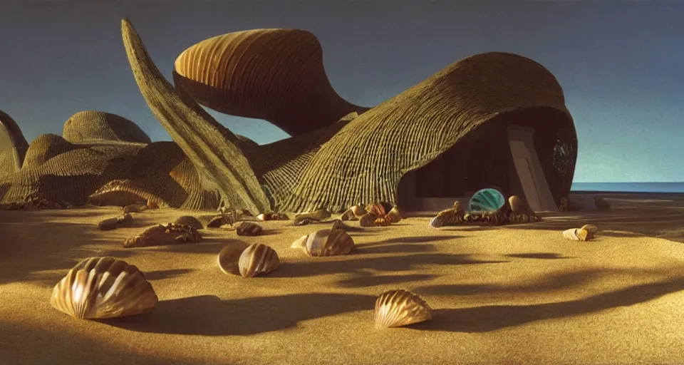 Image similar to a giant seashell house in the middle of nowhere, cinematography by syd mead, gregory crewdson, moebius, j. h. williams iii