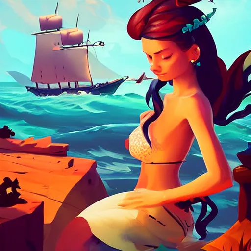 Image similar to painting mermaid treasure on sea of thieves game avatar hero smooth face median photoshop filter cutout vector, behance hd by jesper ejsing, by rhads, makoto shinkai and lois van baarle, ilya kuvshinov, rossdraws global illumination