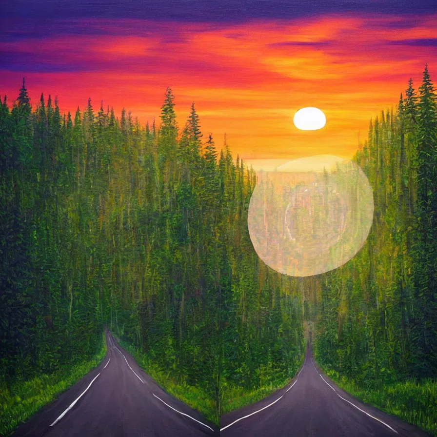 Prompt: intricate painting of a highway road leading to the horizon through a thick forest down a rocky mountain coast, the sunset is a pulsating heart of light. atmospheric good vibes