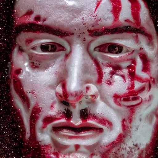 Prompt: a photo of keanu reeves sculpted out of whipped cream and cherries as eyes, 2 0 0 mm lens, shot on film, hyperrealism, bokeh