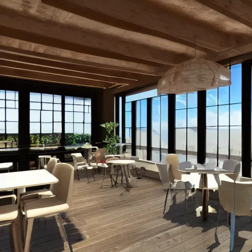 Image similar to an interior render of a cafe loft style with big panoramic windows