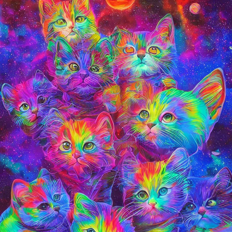 Image similar to smooth detailed art of Rainbow kittens in space, psychedelic DMT art, well lit, digital art, expressive beautiful, award winning, high quality, key visual, 4k hd, sharp, backlit, gorgeous lighting, painted by Pablo Amaringo