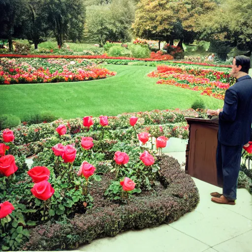 Image similar to Matt Drudge speaking in the Rose Garden. CineStill.