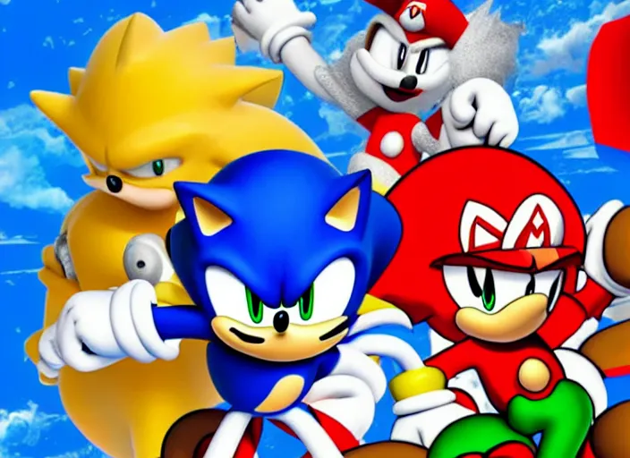 Prompt: sonic the hedgehog and super mario fighting side by side against dr robotnik and bowser on a castle