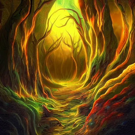 Image similar to a beautiful landscape with a huge teleport to the underworld the underworld is fire and shadow the background is beautiful nature but the background in the shadow world is all fire and monsters digital painting art