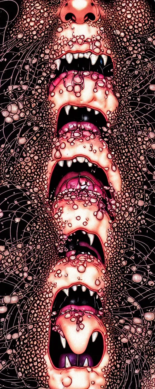 Prompt: closeup of face melting in agony with tongue, inside a frame on a tiled wall, frontal picture, by yoichi hatakenaka, masamune shirow, josan gonzales and dan mumford, ayami kojima, takato yamamoto, karol bak