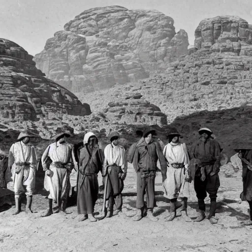 Prompt: ultra detailed photorealistic sepia - toned photo from 1 9 1 7, a small group of british soldiers standing with bedouin traders in traditional arab garb, at an archaeological dig site in wadi rum, ultra realistic, painted, intricate details, lovecraft, atmospheric, dark, horror, brooding, highly detailed, by clyde caldwell