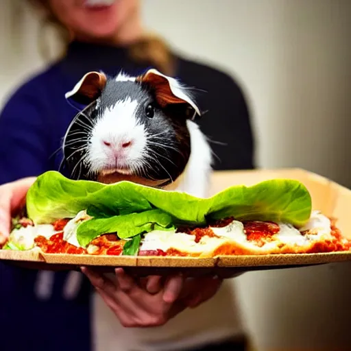 Image similar to a guinea pig looking excited with a lettuce pizza in front of them