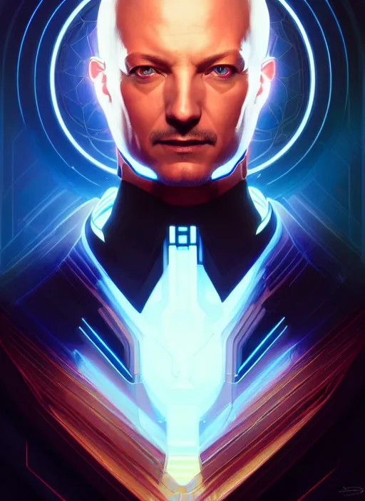 Image similar to symmetry portrait of professor charles xavier, sci - fi, tech wear, glowing lights, intricate, elegant, highly detailed, digital painting, artstation, concept art, smooth, sharp focus, illustration, art by artgerm and greg rutkowski and alphonse mucha