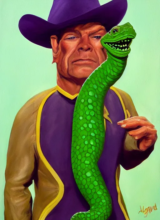 Image similar to oil painting portrait of a cowboy lizard person, a gorn from star trek, a snake oil salesman wearing a blonde wig in a movie poster for a movie called gorn on the bull horn girl, purple green color scheme