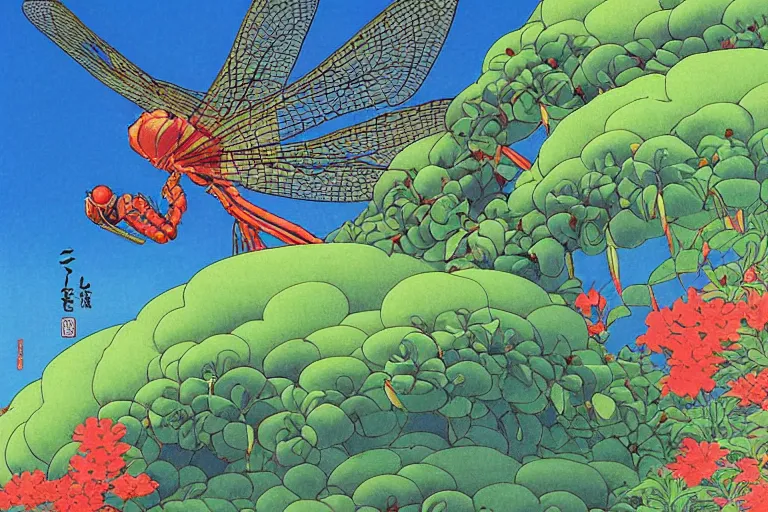 Image similar to gigantic cats catch gigantic dragonflies, a lot of exotic flowers around, heads are all over the ground, acid and dreaming psychedelic hallucinations, by kawase hasui, dirtyrobot, edward hopper, satoshi kon and moebius, colorful flat surreal design, super - detailed, a lot of tiny details, fullshot