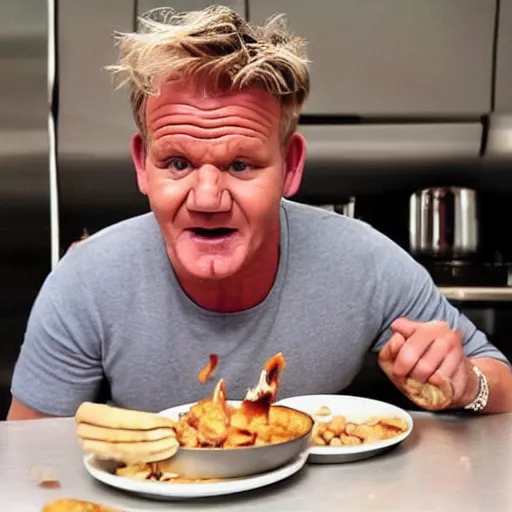 Prompt: Gordon Ramsay eating beans while children point and laugh at him, bullying, cruel kids, television still