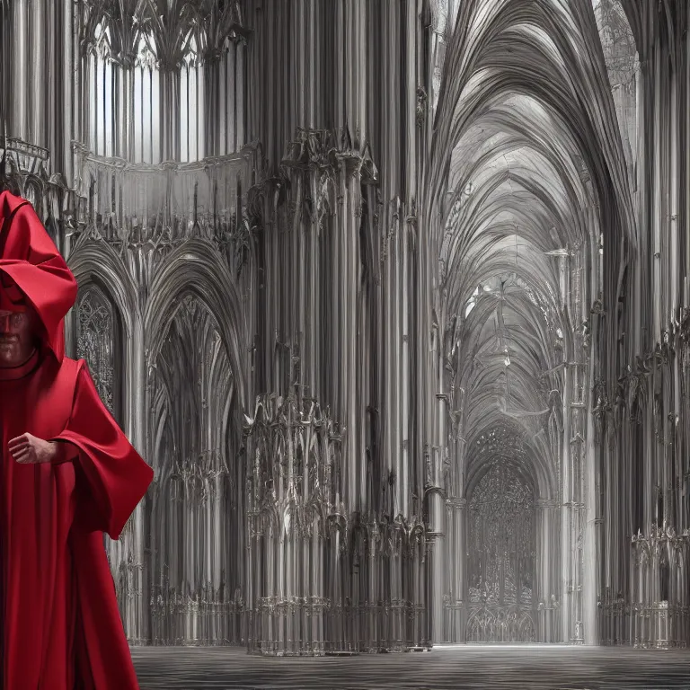 Image similar to octane render portrait by wayne barlow and carlo crivelli and glenn fabry, a humanoid lizard wearing a shiny silver mask and red cardinal robes, inside an intricate dynamic dark and moody detailed gothic futuristic cathedral, cinema 4 d, ray traced lighting, very short depth of field, bokeh