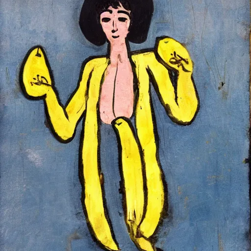 Prompt: dirty scrawny pilgrim holding a banana