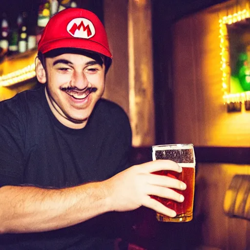 Image similar to Mario drunk and drinking beer in a bar at night, photography