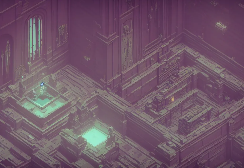 Image similar to interior throne room isometric magicavoxel bloodborne no mans sky, vaporwave, cinematic lighting, 4 k