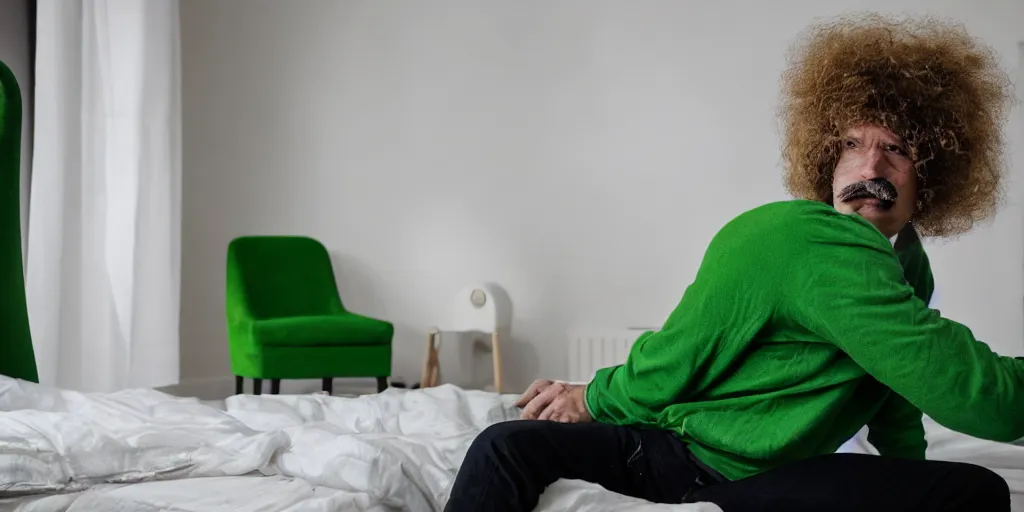 Prompt: french white man with puffy hair, mustache and a green sitting on a black chair in his room looking at the camera, photorealistic, webcam, yellow lightning