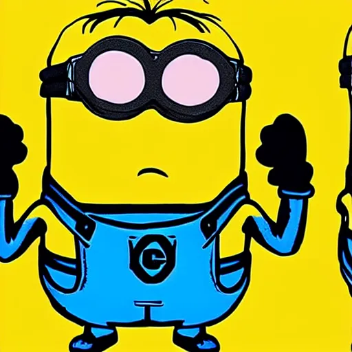 Prompt: minion dibujado estilo andy warhol, pop art, 4 imagenes en el lienzo, 8k