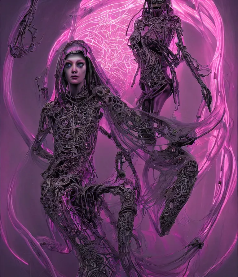 Prompt: fully symmetrical centered iridescent portrait of a beautiful princess demon in robe. skulls artificial muscles, ribcage, bones, hard surface modelling. cyberpunk look. biomechanical mask. bio luminescent biomechanical halo around head. neon jellyfish. artwork by jarold Sng by artgerm, by Eddie Mendoza, by Peter mohrbacher by tooth wu, by hr giger, unreal engine, octane render, cinematic light, high details, iridescent colors, dichroic, macro, depth of field, blur