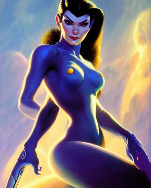 Image similar to widowmaker from overwatch, character portrait, portrait, close up, vintage fantasy art, vintage sci - fi art, radiant light, caustics, by boris vallejo