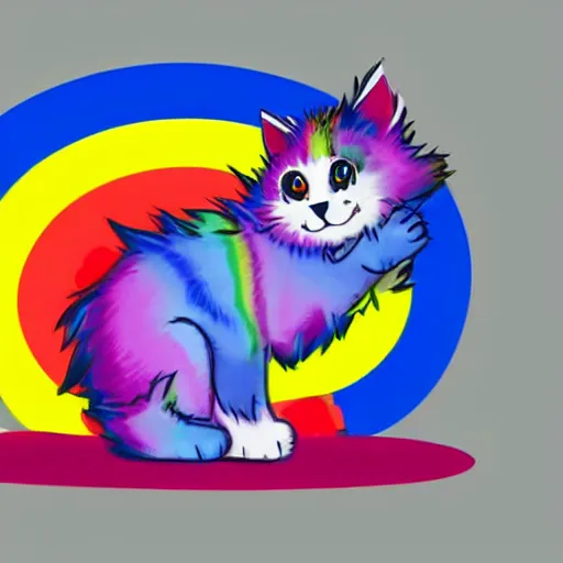 Image similar to wide angle full body, of a fluffy cute rainbow kitten wearing a black motorcycle jacket, concept art