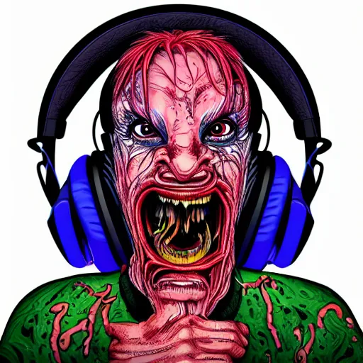 Image similar to artgerm, psychedelic laughing cronenberg friendly looking horror creature, rocking out, headphones dj rave, digital artwork, r. crumb, svg vector