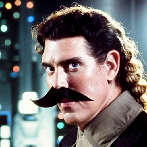 Image similar to Weird al Yankovic with his mustache as Rick Deckard on blade runner 1982, smiling, wide angle lens, movie still, in color, movie frame, detailed face, symmetrical face, 4k