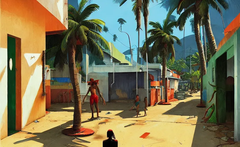 Prompt: Inside a Brazillian Favela with Palm trees, very coherent, painted by Edward Hopper, Wayne Barlowe, painted by James Gilleard, airbrush, art by JamesJean