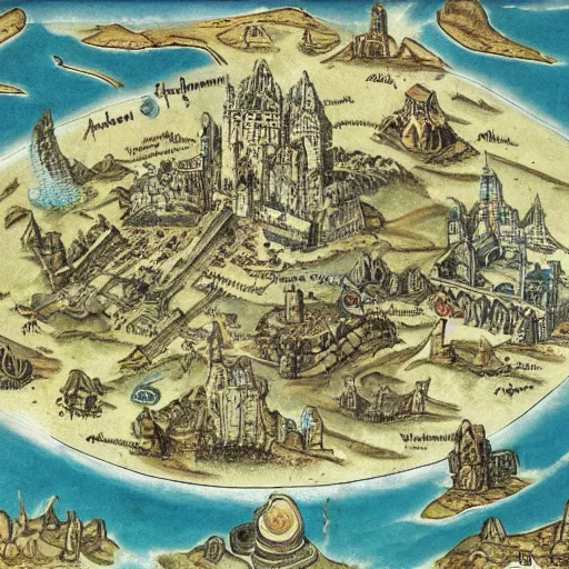 Image similar to a medieval map of atlantis, concept art, artstation