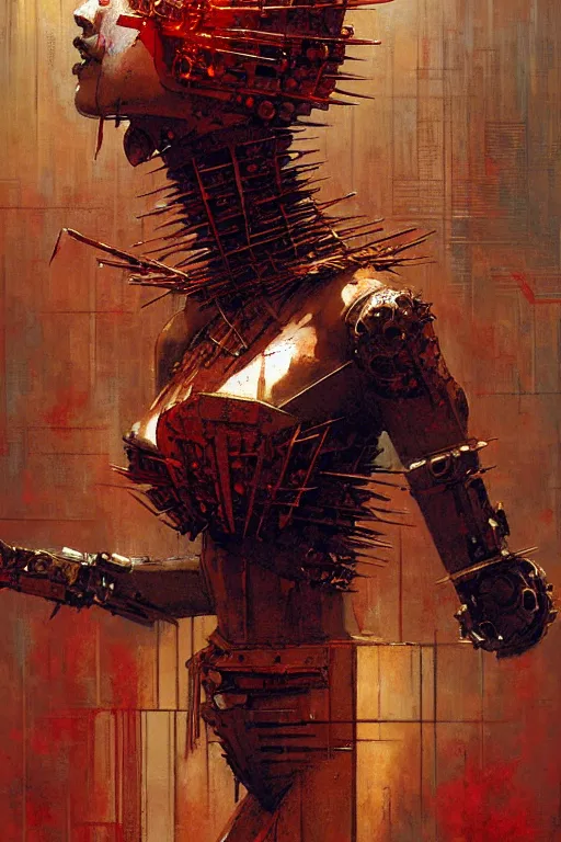 Image similar to geisha cyborg hellraiser painting by gaston bussiere, craig mullins, greg rutkowski, yoji shinkawa