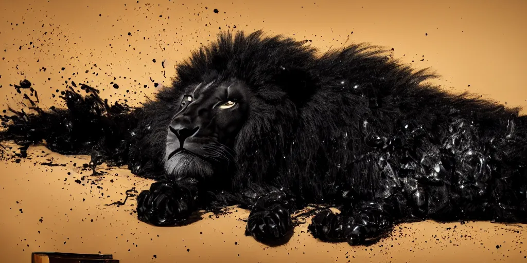 Prompt: the smooth black lion made of ferrofluid, laying on the couch in the living room after bathing in the ferrofluid, splattering ferrofluid. photography, dslr, rimlight, wrinkles, reflections, black goo, living room, couch