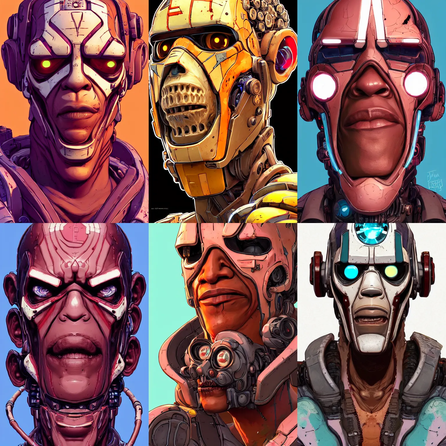 Prompt: a study of cell shaded portrait very close up face of cyborg obama as Borderlands 3 concept art, llustration, post grunge, concept art by josan gonzales and wlop, by james jean, Victo ngai, David Rubín, Mike Mignola, Laurie Greasley, highly detailed, sharp focus, alien, Trending on Artstation, HQ, deviantart, art by artgem