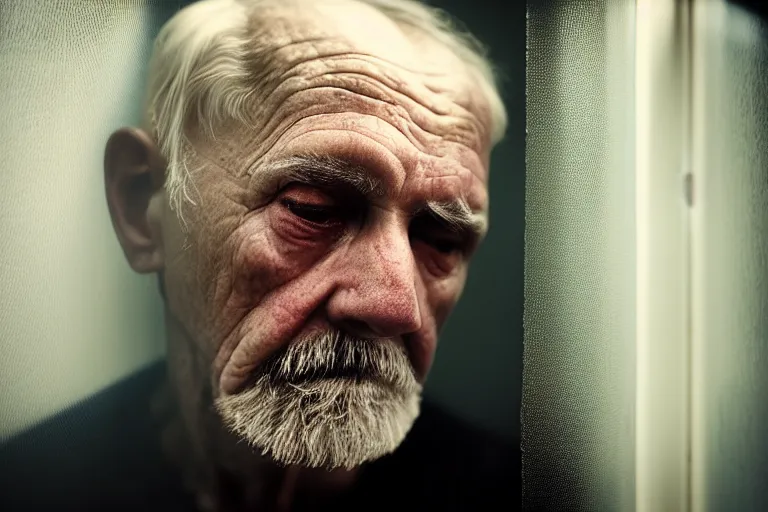 Prompt: a cinematic, close up portrait, of an old man, looking in the window, sad, dramatic, soft light, dreamy, facial features, stood in a cell, with prison clothing, detailed, deep focus, movie still, dramatic lighting, ray tracing, by hendrik kerstens and paolo roversi