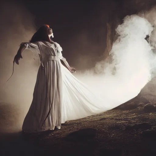 Image similar to photo, a woman in a giant flowing incredibly long dragging white dress made out of white smoke, standing inside a dark night western rocky scenic landscape, a vintage cowboy movie projected, volumetric lighting