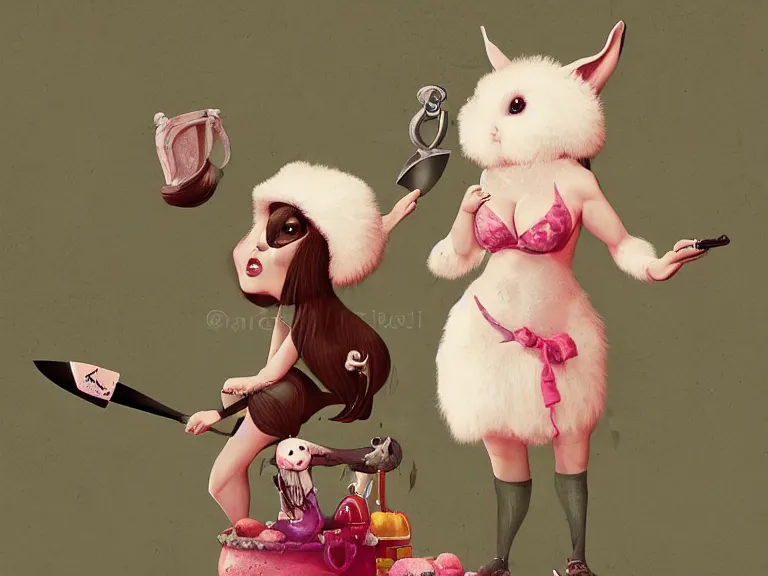 Prompt: a cute fluffy girl rabbit standing in a pool of water and holding a knife makes slicing motions through the air. Lowbrow, pop surrealism art style, contemporary art illustration, pin-up art, intricate, character concept art, 8K detail post-processing, by Steven Stahlberg, trending on ArtStation