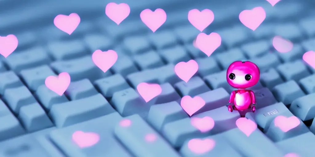 Image similar to a super cute tiny miniature realistic shiny robot typing on a keyboard with a deep blue fiber optical network in the background and lots of cute pink hearts floating around the realistic picture