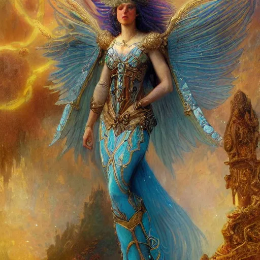 Prompt: artstation, intricate details, hyper details, by gaston bussiere, queen of heaven, sacred techno mystic of antiquity, with aqua neon rapunzel dreadlocks, wearing labradorite fabrics and armor, sovereign kingdom, futurisma,