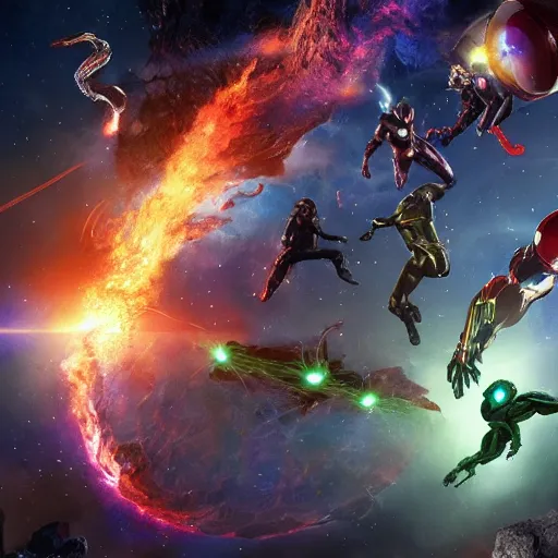 Image similar to the avengers battle one eldritch garfield in space, galaxy, hd, 8 k, explosions, gunfire, lasers, giant, epic, realistic photo, unreal engine, stars, prophecy, powerful, cinematic lighting, destroyed planet, debris, justice league, movie poster, violent, sinister, ray tracing, dynamic, print, epic composition, dark, lasagna, horrific