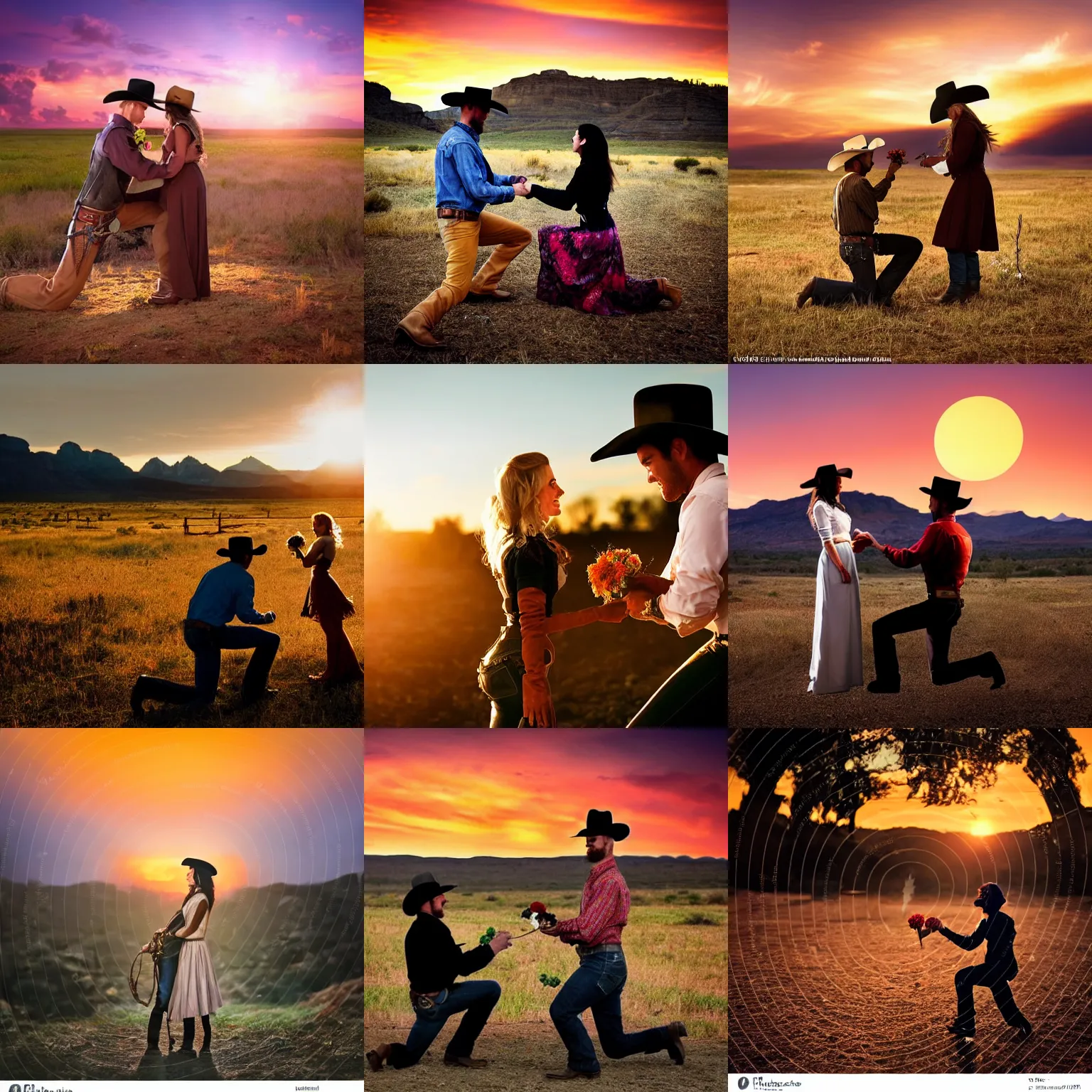 Prompt: a cowboy in the wild west, outside of a saloon, on one knee proposing with a flower to a lady, sunset, beautiful scene, dynamic lighting