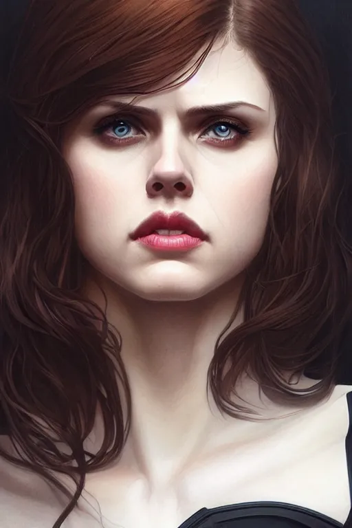 Image similar to alexandra daddario as black widow, realistic portrait, symmetrical, highly detailed, digital painting, artstation, concept art, smooth, sharp focus, illustration, cinematic lighting, art by artgerm and greg rutkowski and alphonse mucha