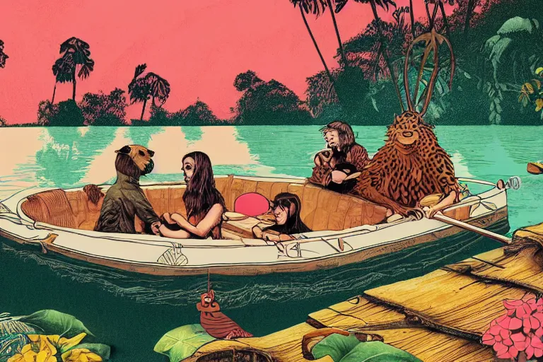 Prompt: animal in a boat floating on a river in the jungle. digital drawing, ultra detailed, cool color palette, wes anderson, amelie poulain, tim burton, tomm moore, guido crepax