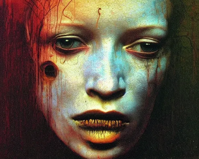 Image similar to by francis bacon, beksinski, mystical redscale photography evocative. kat dennings uma thurman christina hendricks tilda swinton