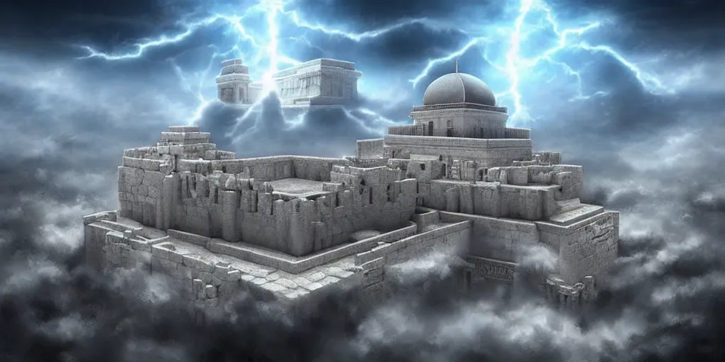 Image similar to hidden imagery floating temple in the sky incredible digital art optical illusion, superb detailed clouds shaped like the second temple in jerusalem, over the ruins of old jerusalem, awe inspiring, masterpiece surrealism, digital art trending on artstation awesome award winning