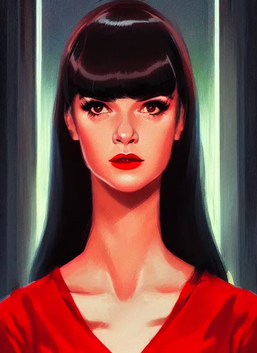 Image similar to portrait of veronica lodge with bangs, 1 9 6 0 s, long hair, red clothes, bangs, intricate, elegant, glowing lights, highly detailed, digital painting, artstation, concept art, smooth, sharp focus, illustration, art by wlop, mars ravelo and greg rutkowski