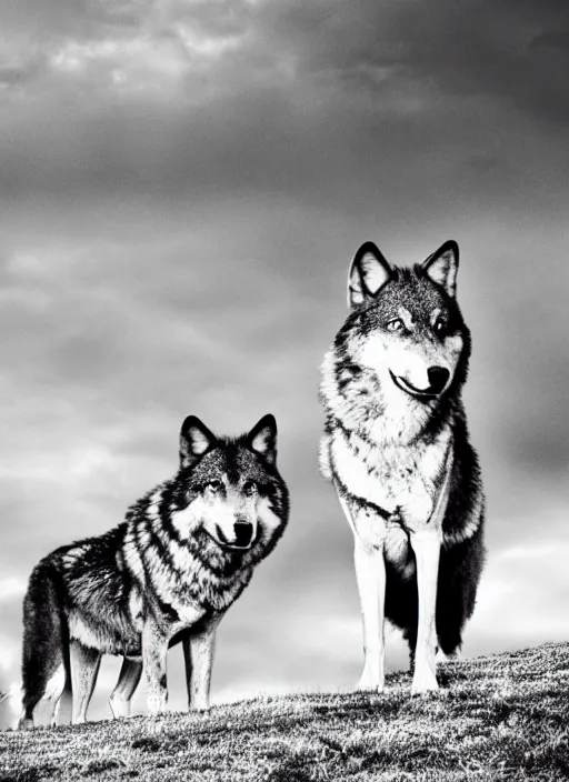 Image similar to two wolves black and white portrait white sky in background