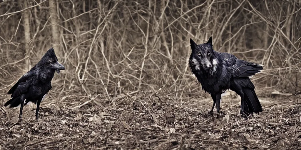 Prompt: mixture between an crow and! wolf,! single - subject, photograph captured in a dark forest