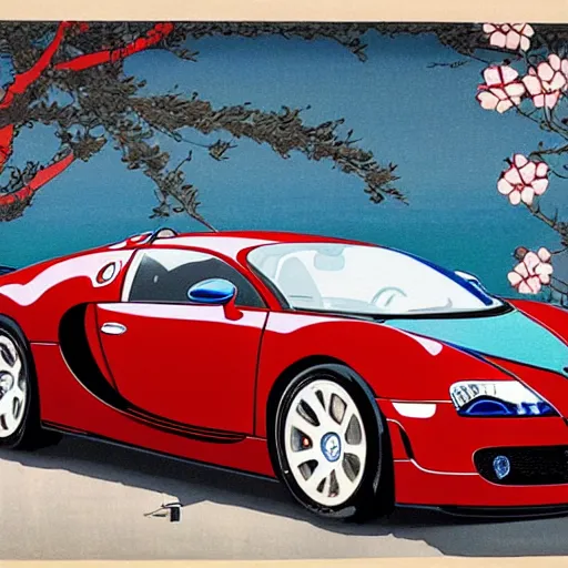 Image similar to ukiyoe painting of a bugatti veyron, highly detailed