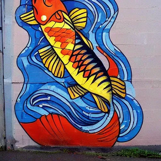 Image similar to a beautiful koi fish in the style of street art